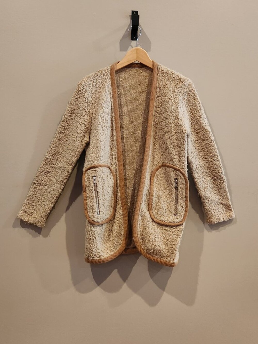Womens Teddy Sherpa Cardigan Jacket Cream Tan Open Front Size Medium